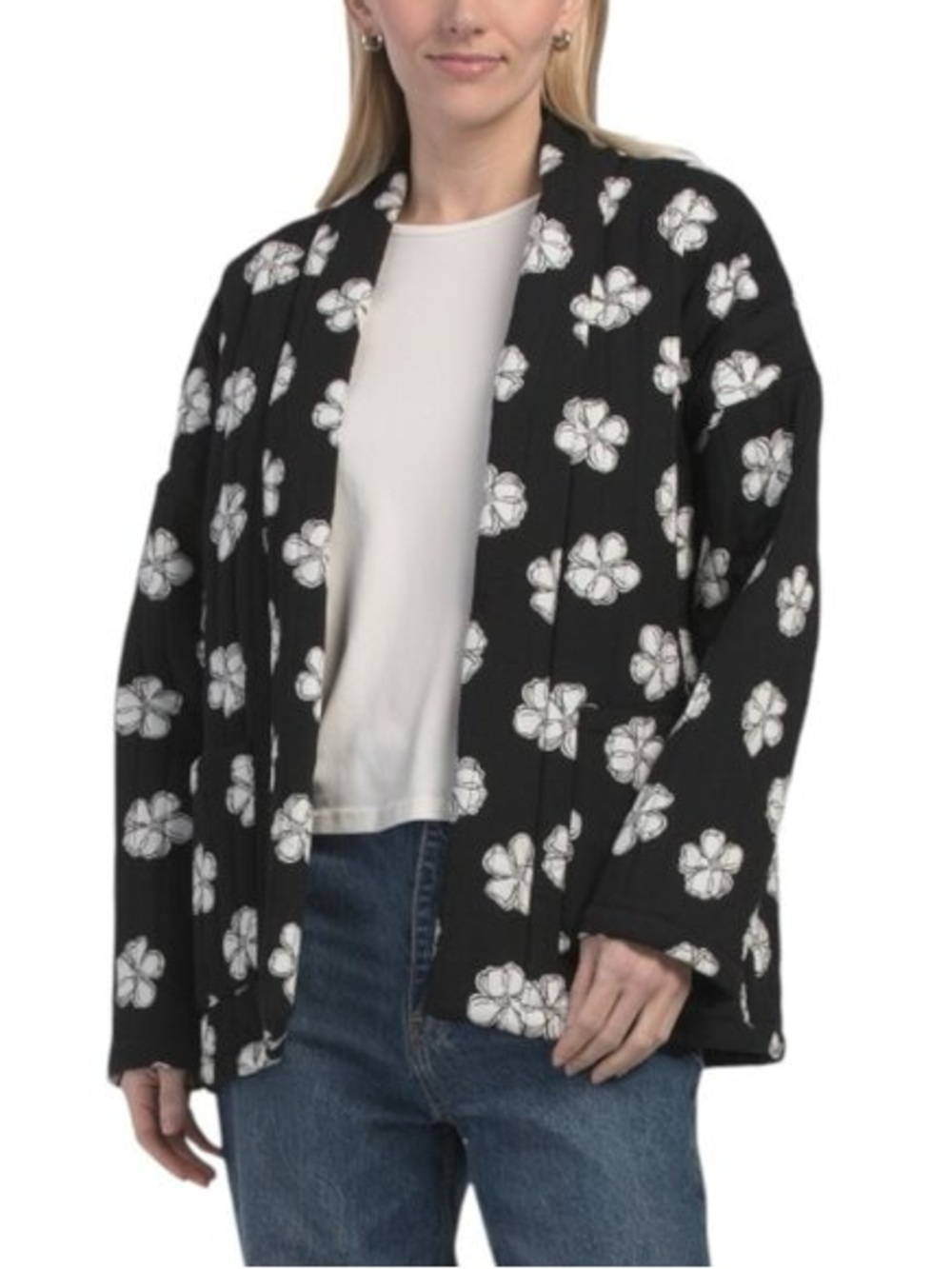 NWT- autres filles Black Quilted Floral Open-Front Cardigan Jacket